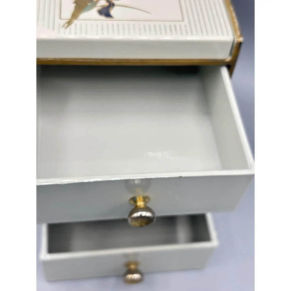 Vintage Otagiri Japan‎ Grand Iris Jewelry Box 3 Drawer Mirror Cream Lacquerware